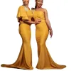 African Yellow Bridesmaid Dresses ASO EBI Sexy Mermaid One Shoulder Maid of Honor Gowns Sweep Train Silk Satin Pleated Wedding Party Dresses