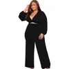 Tracksuits Sylph Sexy Plus Size Female Clothing Long Sleeve V-neck Crop Top And Wide Leg Pants Set Solid Pocket Two Piece Sets For Women