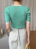 여자 T 셔츠 여름 클래식 스트라이프 니트 여자 티셔츠 2022 짧은 퍼프 슬리브 v- 넥 바닥 니트웨어 세련된 탑 여성