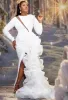 2022 Beyaz Denizkızı Gece Elbisesi artı Boyut Uzun Kollu Yan Yarık Ruffles Organza Resmi Evlilik Balo Gelişleri Robe De