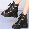 Sandals Increasing Height Punk Goth Women's Genuine Cow Leather Platform Wedge Summer Ankle Boots Open Toe High Heels Chic Cool