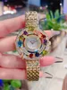 36mm Colored Gemstone Women Quartz Watch Stainless Steel 3 Circle Zircon Round Shell Dial Clock