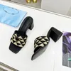 Women Embroidered Fabric Heeled Slide Slippers Black Beige Embroidery Cotton Sandals Mules Home Flip Flops Casual Summer Block Heel Slides