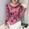 Women's T Shirts Fall Winter Vintage Clothes Flocking T-Shirt Sexy Off Collar Irregularity Ditsy Women Tops Long Sleeve Bottoming Shirt Tees