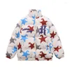 Herrarna Down Men's Hip Hop Oversize Coat Street Star Print Harajuku Winter Jacket Golden Classic Unisex Hooded Thicked