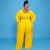 Tute ZJFZML ZZ Abbigliamento donna Set 3 pezzi Taglie forti Giallo Nero Canotta Pantaloni gamba larga Cappotto punto aperto Goccia all'ingrosso