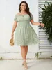 Plus Size Dresses 4XL Floral Print Dress For Women Off Shoulder Casual Elegant Midi Green 2022 Summer Autumn Loose Clothing