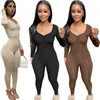 Women Spring New Jumpsuits Designer 2023 New Tight V-neck Pleated Solid Color Long Sleeve One-piece Pants 5 Colours S-XXL