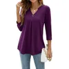 Kadınlar 3/4 Uzun Kollu Gömlek V Boyun Sıradan Henley Çalışma Üstleri Blouses Tırnak Düğmesi Piled T-Shirt Üst