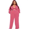 Tracksuits Sylph Sexy Plus Size Female Clothing Long Sleeve V-neck Crop Top And Wide Leg Pants Set Solid Pocket Two Piece Sets For Women