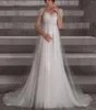 Hochzeitskleid 11577#Empire Illusion V-Ausschnitt Tüll Sweep Train Kurzarm A-Linie Brautkleid mit Spitzenapplikationen