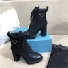 2023 Botas de tornozelo de designer de luxo de couro e tecido de náilon botas de salto alto femininas monolith biker austrália plataforma de inverno salto alto com caixa