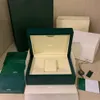 Toppkvalitet Dark Green Watch Boxes Gift Woody fodral för Rolex Watches Booklet Card Taggar och papper på engelska schweiziska klockor BO295W