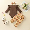 Clothing Sets 3Pcs Toddler Thanksgiving Outfits Long Sleeves Romper Cartoon Turkey Pants Hairband For Baby Girls Brown