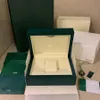 Toppkvalitet Dark Green Watch Boxes Gift Woody fodral för Rolex Watches Booklet Card Taggar och papper på engelska schweiziska klockor BO295W