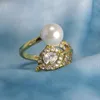 Anéis de casamento Pearl Luxury Gold Color Cz Zircon Ring Cocktail Shell Leaf Jewelry Noivado