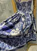 Casual Dresses Red RoosaRosee Classic Blue White Floral Print Sleeveless Backless Party Strap Dress Female Designer 2022 Vestidos Robe Femme