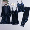 Kvinnors sömnkläder 4st Velor Robe Set Female Gown Classic Bourgogne Nighty Lace Patchwork Nightwear Bathrobe Sexig Summigee