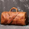 Mens resv￤ska fullkorn ￤kta l￤der rese duffel v￤ska toten ￶ver natten.