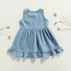 Fille Robes Enfants Robe Filles Couleur Unie À Volants Col Rond Sans Manches Robe Pour L'été Bleu Foncé/Bleu Clair 1-6 Ans