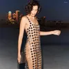 Casual Dresses YOUR BUMP CURVE Hand Sewn Gold Acrylic Sleeveless Slit Open Back Loose Long Dress Sexy Ladies Stage Catwalk Sequin