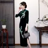 Ethnic Clothing Gold Velvet Long Cheongsam Three Quarter Sleeve Embroidery Dress Retro Improved Ladies Qipao Chinese Sexy Split Fork