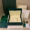 Toppkvalitet Dark Green Watch Boxes Gift Woody fodral för Rolex Watches Booklet Card Taggar och papper på engelska schweiziska klockor BO295W