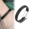 Bedelarmbanden klassieke stijl mannen zwart lederen armband eenvoudige zilveren kleur roestvrijstalen knop neutrale accessoires handgeweven sieraden