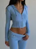 Vrouwen Tweedelige Broek Y2K Lange Mouw Gebreid Sweatshirt Vrouwen Sexy 2 Sets Zip Up Capuchon Crop Trui Skinny Pak Mode Trainingspak