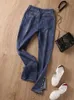 Kvinnors jeans modedesigner Pearl Diamond Split midja denim byxor kvinnor high street vintage mörkblå kontor damer blossade