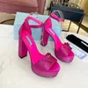 Chunky Heel Womens Platform Sandaler Designer Classic Triangle Buckle Women Super High Heel Dress Shoes Fashion Ankel Strap 13cm Real Leather Sole Pink Sandal