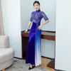 Этническая одежда кружево синие Qipao Velvet Вечерние платья Полово расщепление длина платья для выпускного платья на предмет