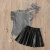 Clothing Sets Toddler Girls Summer Children's Plaid Shirt Print Ruffle Bow Leather Skirt 3pc Kids Clothes For 9Month-4Year