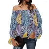 Kvinnors blusar Hycool Green Cold Shoulder Chiffon Shirt Polynesian Tribal Print Off the Top Fashion Puff Sleeve Blue