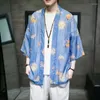 Ubranie etniczne 2022 Style chiński Męsów Silk Tang Suit Hanfu Cloak Blue Kimono Japońskie orientalne duże rozmiary Kardigan Summer Summer