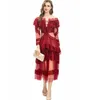 Women's Runway Dresses O Neck Embroidery Ruffles Long Sleeves Elegant Fashion Mid Vestidos