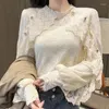 Women's Blouses Crochet Lace Blouse Women Chic Ruffle Stitching Shawl Ladies Stand Collar Tops 2022 Spring Long Sleeve Slim Shirt White