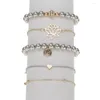 Charm Bracelets Silver Color Beads Strand Love Heart Hollow Lotus Flower Bracelet Set For Women Summer Braclets Jewelry 5pcs/set