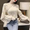 Women's Blouses Crochet Lace Blouse Women Chic Ruffle Stitching Shawl Ladies Stand Collar Tops 2022 Spring Long Sleeve Slim Shirt White