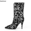 Heelslover New Fashion Women Winter Mid Calf Boots Spike Heels Pointed Toe Elegant Black Party Shoes Ladies US Size 5-13