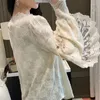 Women's Blouses Crochet Lace Blouse Women Chic Ruffle Stitching Shawl Ladies Stand Collar Tops 2022 Spring Long Sleeve Slim Shirt White