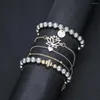 Charm Bracelets Silver Color Beads Strand Love Heart Hollow Lotus Flower Bracelet Set For Women Summer Braclets Jewelry 5pcs/set