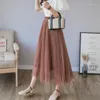 Skirts Pleated Skirt Long Spring Summer Coffee Black Beige Pink Tulle Womens High Waist Mesh Maxi