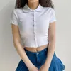 Camisetas de mujer Simple Slim Polo cuello de punto de manga corta Crop Tops mujeres verano Anime Harajuku encaje de un solo pecho de talla grande cárdigan