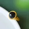 Cluster-Ringe, natürlicher schwarzer Onyx-Ring, runde Öffnung, verstellbar, antikes Gold, Handwerk, Charme, ethnischer Damenschmuck, Bankettzubehör