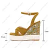 Heelslover New Fashion Women Summer Sandals Crystal Wedges klackar Square Toe Vackra bruna bankettskor damer oss storlek 5-13