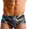 Shorts masculinos homens moda triangular de surf sexy boxer à prova d'água de biquíni abstrato arte imprimir na cintura de baixa cintura madeir