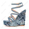 Heelslover Handmade Women Summer Sandals Denim Rhinestone Wedges Heels Open Toe Pretty Blue Party Shoes Ladies US Plus Size 5134830004