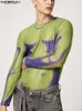 Herr T-shirts 2022 Mode Herr Skjorta tryck O-ringad Långärmad Mesh Transparent Streetwear Casual Camisetas Sexig undertröja