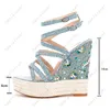 Heelslover New Fashion Women Summer Sandals Hollow Out Wedges Opens Open Open Tee Brety Blue Party Shoes Ladies Us Size 5-13